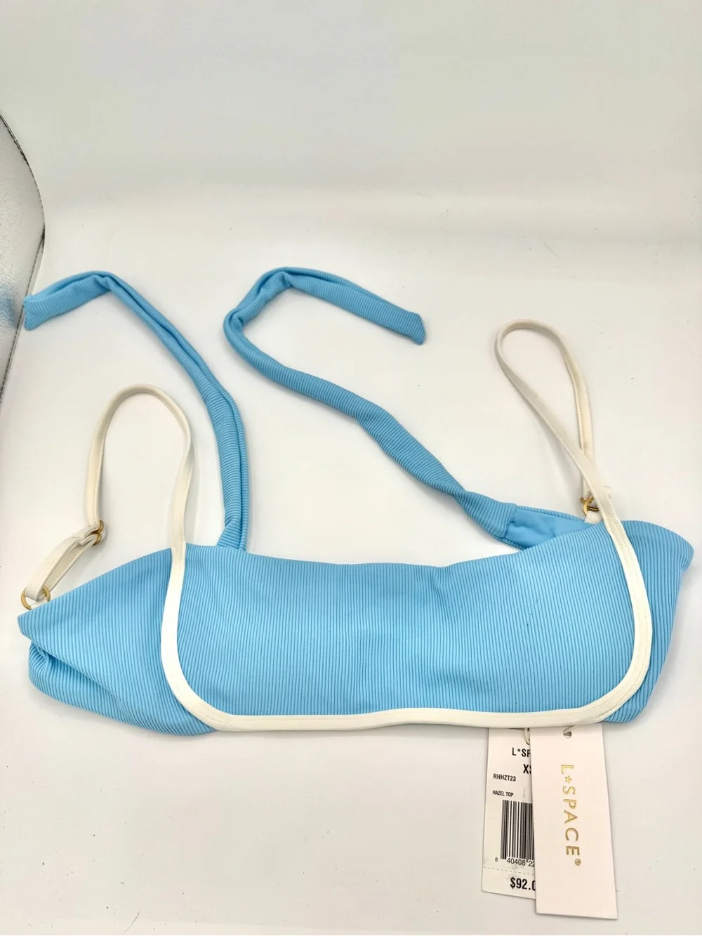 NWT L Space Hazel Swim Top in Seaspray Blue / Cream , Ribbed Bikini